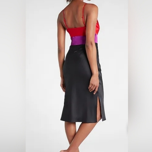 Express Black Satin Color Blocked w Red & Purple Cowl Neck Midi Slip Dress - Picture 5 of 16